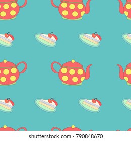 Seamless pattern with red kettles and cakes