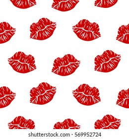 Seamless pattern with red kiss imprint on white background. Vector illustration.