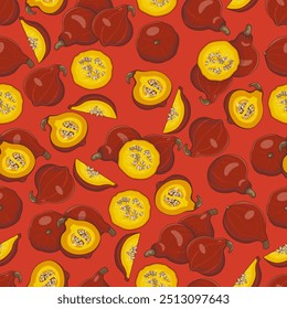 Seamless pattern with Red Kuri squash. Climbing Onion squash, Potimarron squash.Cucurbita maxima. Vegetables. Isolated vector illustration.