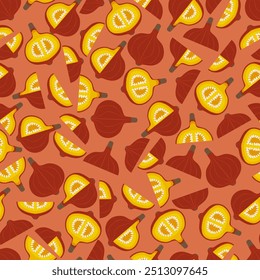 Seamless pattern with Red Kuri squash. Climbing Onion squash, Potimarron squash. Winter squash. Vegetables. Flat style. Isolated vector illustration.