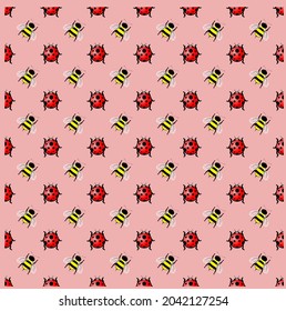 seamless pattern of red lady bug and bee. isolated on pink background