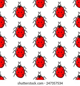Seamless pattern with red ladybugs with black points in the shape of hearts isolated on white background. For holiday decoration, textile, wrapping paper, wallpaper, gift boxes, other packing elements