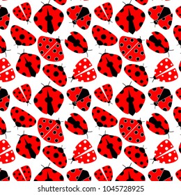 Seamless pattern with red ladybugs of different shape on white background. 