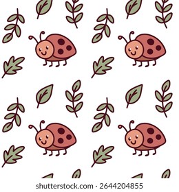 Seamless pattern of red ladybugs and green leaves on white background. Fun and decorative nature repeat with friendly bugs
