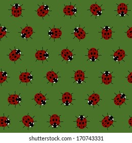 Seamless Pattern with Red Ladybugs and Ladybirds on a Dark Green Background