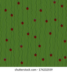 Seamless Pattern with Red Ladybugs and Ladybirds on a Dark Green Background. Plain  texture with swirls curves and Ladybugs.