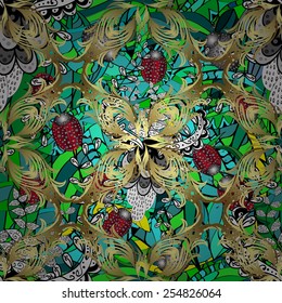 Seamless Pattern with red Ladybugs and Ladybirds on a Grass-green Background. Plain texture with Ladybugs and golden grid and white abstract flowers.