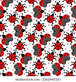 Seamless pattern with red ladybugs on a white background. Vector flat illustration. Abstract, geometric insect with legs and wings in an ornament with dots, spreading in different directions