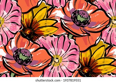 Seamless pattern. Red large flowers. Poppies, rudbeckia and mallow.