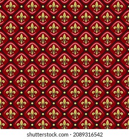 Seamless pattern with red leather upholstery, golden fleur-de-lis. Vector background.