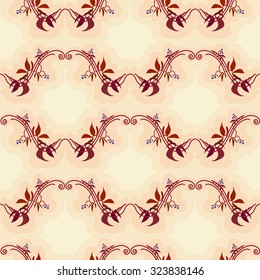 Seamless pattern with red leaves autumn wild grape in beige background