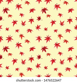 Seamless pattern with red leaves of japanese maple tree on warm yellow background Traditional Japanese ink wash painting sumi-e. . Can be used for wallpaper, pattern fills, textile, web page backgroun