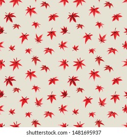 Seamless pattern with red leaves of japanese maple tree on neutral light gray background. Traditional Japanese ink wash painting sumi-e.  Can be used for wallpaper, pattern fills