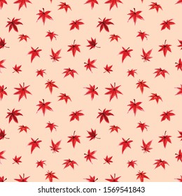 Seamless pattern with red leaves of japanese maple tree on peach background. Traditional Japanese ink wash painting sumi-e. Can be used for wallpaper, pattern fills, textile, web page background