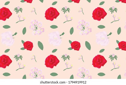 Seamless pattern with red and light pink flowers and leaves