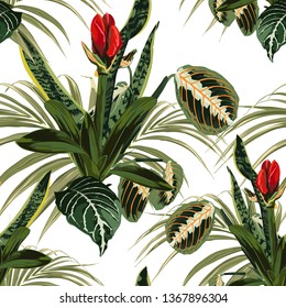 Seamless pattern, red lilies flowers bud and tropical plants on white background.