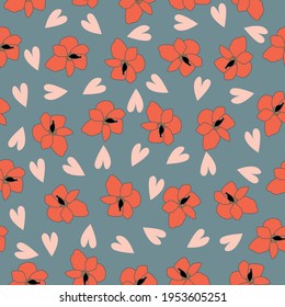 Seamless pattern of red lilies and flowers. Vector illustration on gray background 