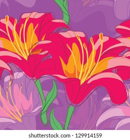 Seamless pattern of red lilies on purple
