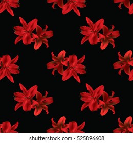 Seamless pattern with red lilies on black background. Vector illustration.