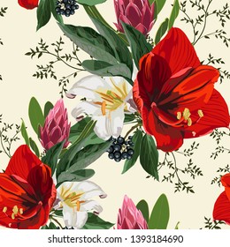 Patrón inoxidable con lirios rojos, protea, bayas y hierbas, flores y hojas sobre fondo claro. Patrón floral para papel pintado o tela. 