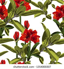 Seamless pattern, red lilies, tropical ficus plants on white background.