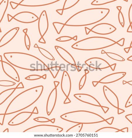 Seamless pattern with red line fish. Hand drawn line fish on light background.