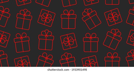 Seamless pattern of red linear gift boxes, side and top view with ribbon bow, red line on black background, icon style