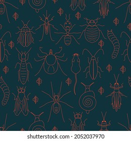 Seamless pattern of red linear pest insects and damaged leaves on black background. Parasitic beetle concept. Perfect for exterminator service companies. Vector illustration.