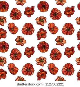 Seamless pattern with red linear poppy flowers. Vector illustration