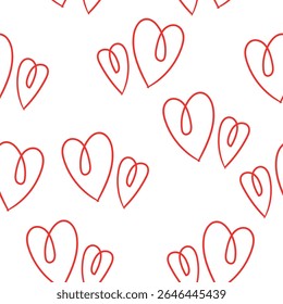 Seamless pattern with red linear sketch hearts hand drawn vector design on white background