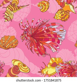 Seamless pattern with Red lionfish and shells on a pink background. Great for fabric and textile. Vector illustration.