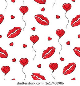 Seamless pattern with red lips, balloons, hearts. Romantic endless textures for wedding design, valentines day, love cards. For fabric, wallpaper, covers.