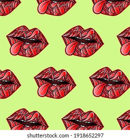 Seamless pattern of red lips decorated with tongues on a green background. 