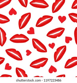 seamless pattern with red lips and heard on white background