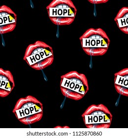 Seamless pattern with red lips and hope slogan 