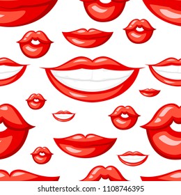 Seamless pattern. Red lips illustration. Smiling and kiss emotes. Vector illustration on white background.