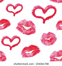 Seamless pattern - red lips kisses prints with hand drawn hearts