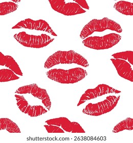 Seamless pattern of red lips kissing prints. Vector pattern with colorful lips isolated on white background. Lips print seamless pattern. For print, fabric, invitation, brochure, card, wallpaper 