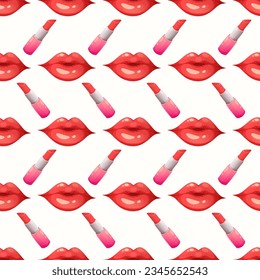 Seamless pattern with red lips and lipstick on white background. Kiss, love pattern. Vector illustration in cartoon style, garish vector
