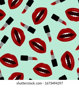 Seamless pattern with red lips and lipsticks; Great for fabric, textile vector illustration