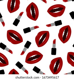 Seamless pattern with red lips and lipsticks; Great for fabric, textile vector illustration