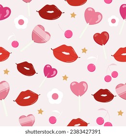 seamless pattern of red lips, lollipops, cherries , flowers and stars on pastel pink background, vector , illustration 