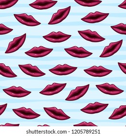Seamless pattern red lips on striped background