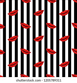 Seamless pattern red lips on striped background