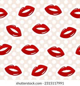 Seamless pattern with red lips on a beige polka dot background. Vector illustration in flat style
