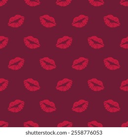 Seamless pattern with red lips on a plum background. Vector Valentine's day pattern.