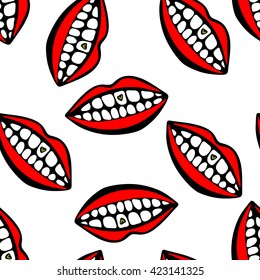 Seamless pattern with red lips and teeth. One tooth with heart.