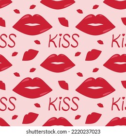 Seamless pattern with red lips and word kiss. Flat vector illustration for Valentine's day, World Kiss day