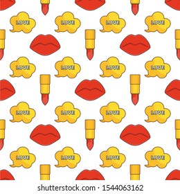 Seamless pattern with red lipstick and bow. Fashion background for accessories. Beauty and cosmetics. Print for bags, scarves, clothes, fabrics.