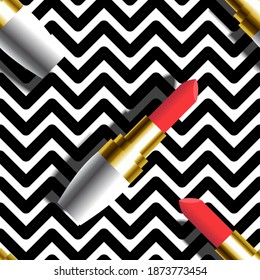 patrón transparente de lápiz labial rojo en un estuche Golden con fondo abstracto geométrico en blanco y negro. imagen 3D realista de un lápiz labial con la sombra. ilustración vectorial de stock.